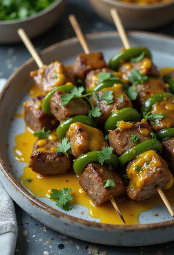 Sosatie de cordero, carne y verduras a la parrilla, decorado con cilantro