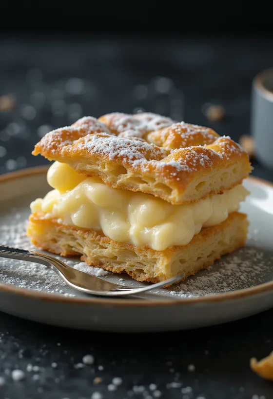 Milhojas de crema de vainilla cortado en porciones