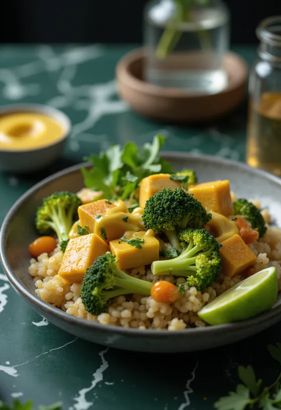 Buddha Bowl de quinoa y brócoli con tofu y tahini al curry servido