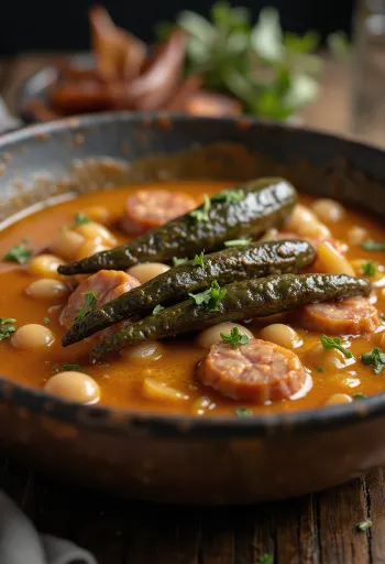 Dobradinha al laurel, servida con carnes ahumadas y alubias