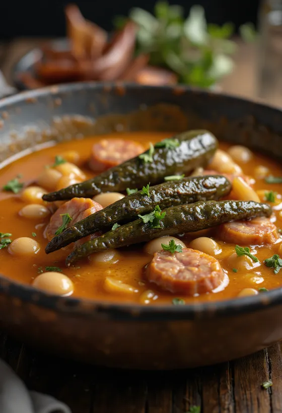 Dobradinha al laurel, servida con carnes ahumadas y alubias