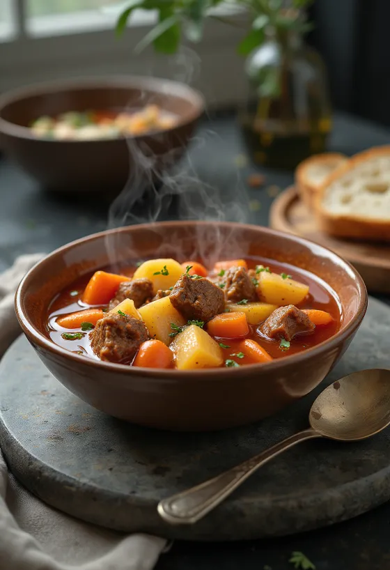 Sopa Goulash tradicional con trozos de carne y verduras, sazonada con pimentón rojo.