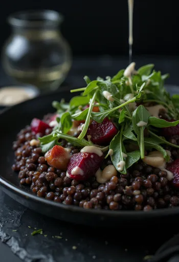 Ensalada de lentejas con remolacha asada servida