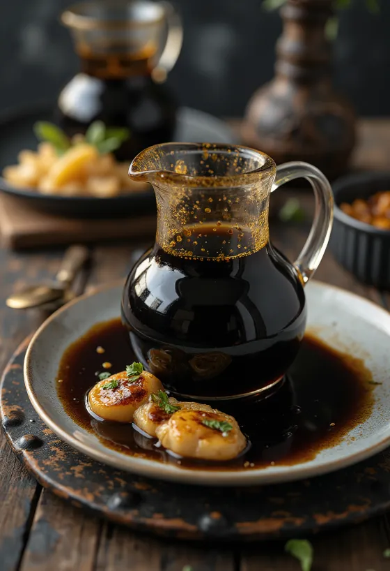 Salsa de miel y balsámico servida