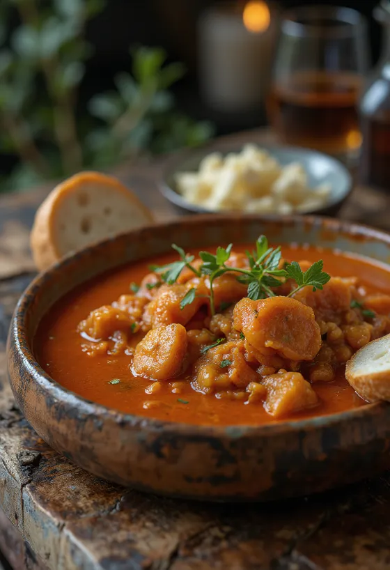 Estofado de callos tradicional húngaro servido con pan fresco