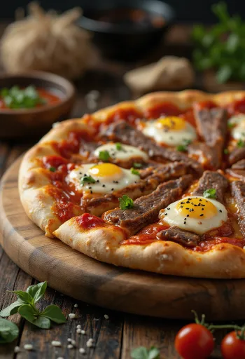 Pizza coreana con ternera Bulgogi servida