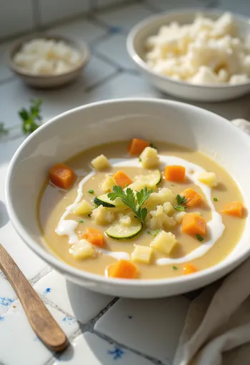 Sopa prebiótica de verduras con kéfir servida con perejil fresco