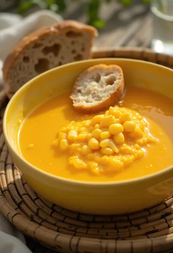 Crema de maíz y zanahoria servida en un bol