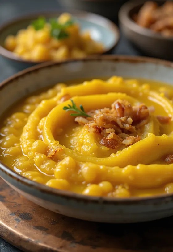 Estofado de guisantes amarillos con perejil fresco y acompañamiento crujiente