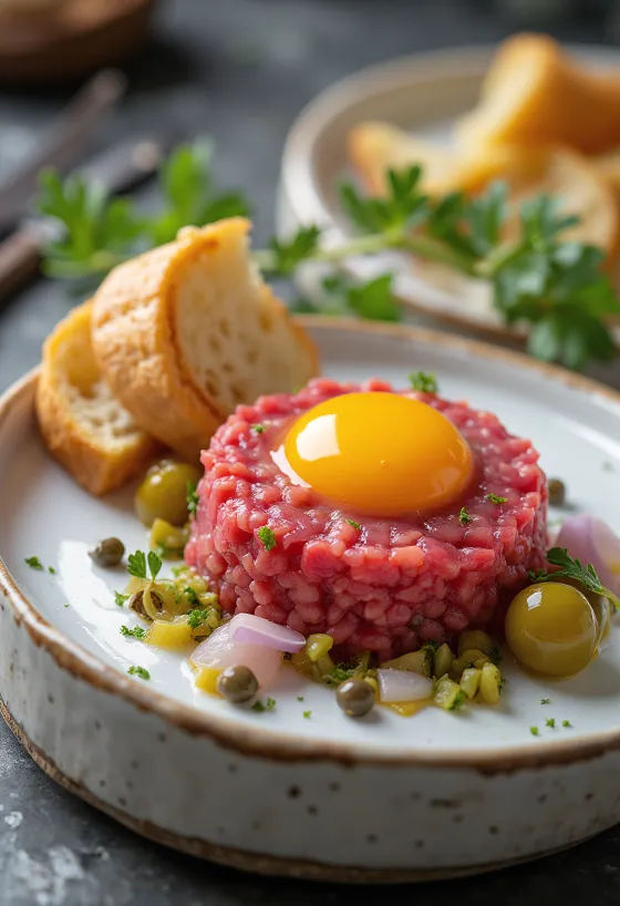Steak Tartare servido con yema de huevo y tostadas