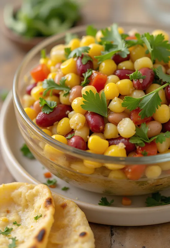 Ensalada vegana de alubias con maíz, servida con perejil fresco.