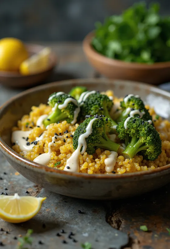 Buddha Bowl de quinoa y curry de brócoli con tahini de lima servido