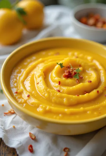 Salsa de curry con mango y leche de coco servida