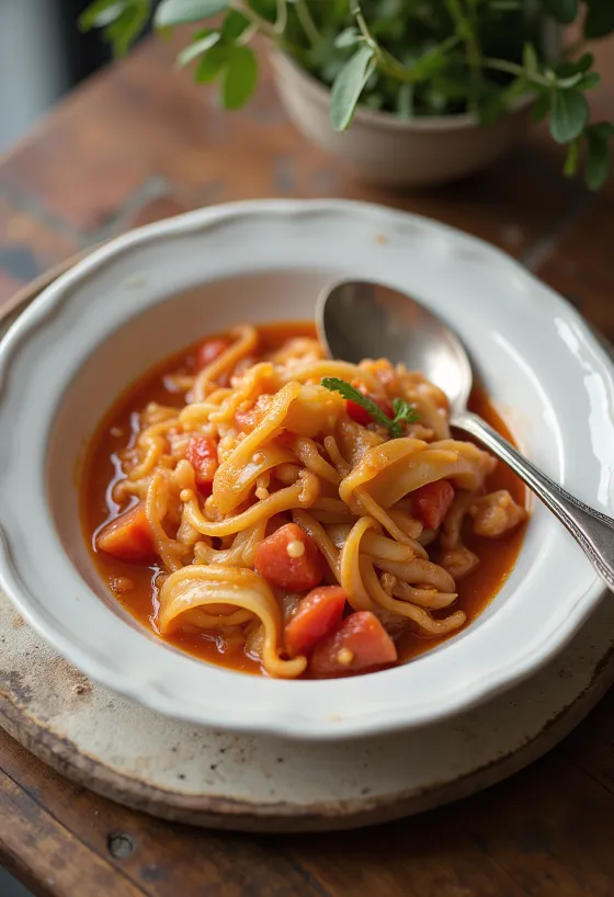 Repollo con tomate servido con eneldo fresco y jugosas albóndigas.