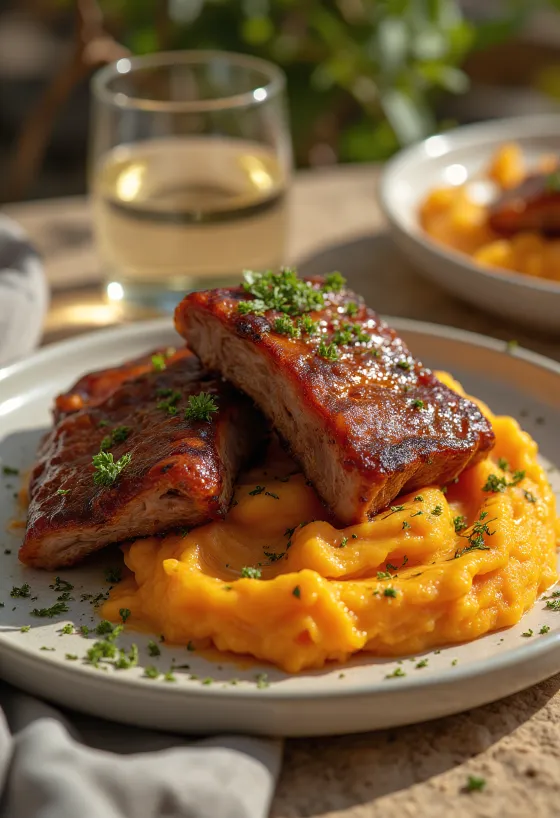 Costillas BBQ servidas con boniato