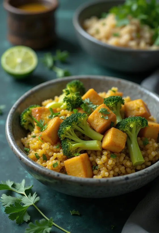 Buddha Bowl de quinoa y curry de brócoli con tofu a la lima servido