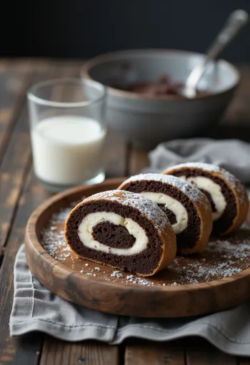 Brazo de gitano de chocolate y galleta cortado en rodajas