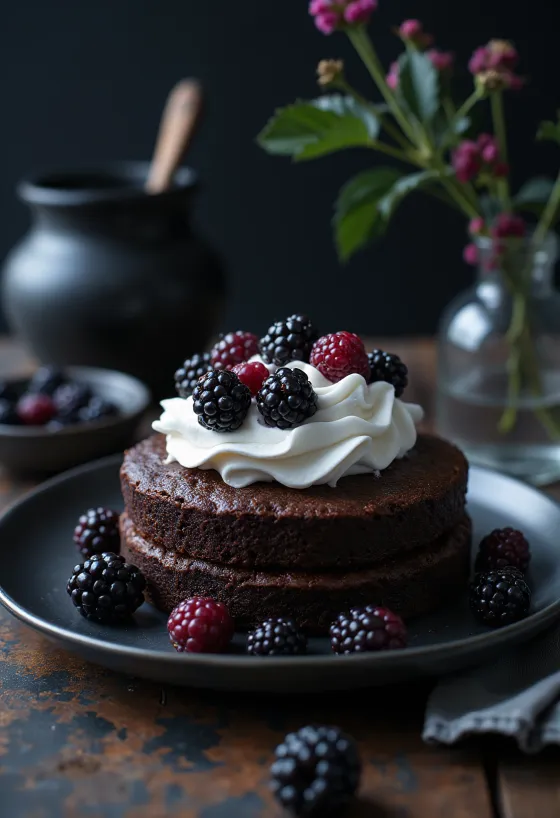 Tarta de chocolate y moras con frutas frescas