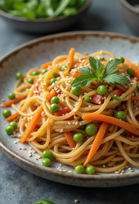 Japchae servido con verduras, fideos de batata y champiñones