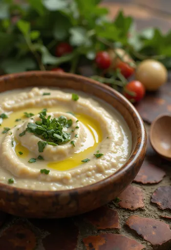 Salsa de tahini a la menta en un bol, decorada con menta fresca
