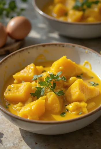 Curry de berenjena con boniato servido