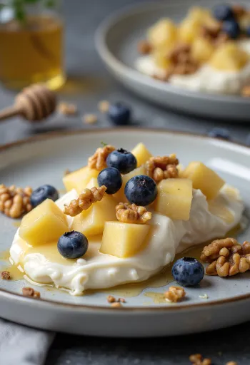 Ensalada prebiótica de requesón y frutas servida con frutas frescas y nueces tostadas