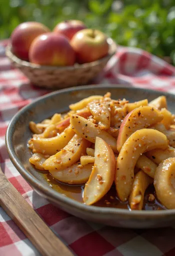 Shogayaki con manzana, servido con pollo y manzana, con aderezo de salsa de soja