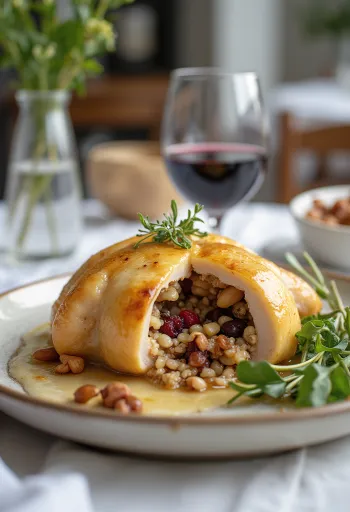 Codorniz rellena de arroz salvaje servida en un plato