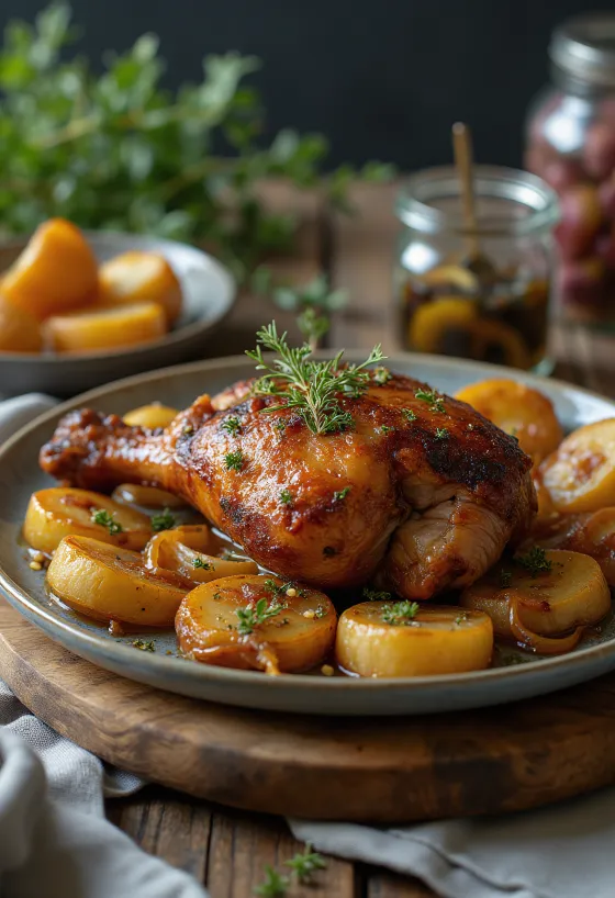 Pato asado servido con patatas y cebolla