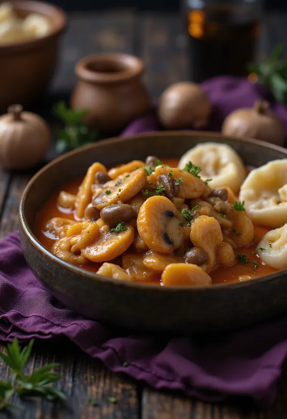 Paprikash de champiñones fresco, servido con ñoquis suaves