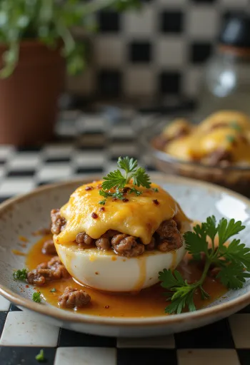 Berenjenas rellenas con queso crujiente por encima, espolvoreadas con hierbas frescas