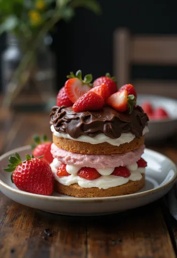 Tarta de requesón con chocolate y fresas decorada con fresas frescas y virutas de chocolate