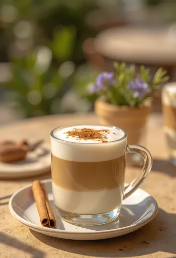 Latte de canela y menta, bebida de café decorada con rama de canela y menta