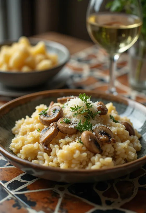Risotto de setas servido con hierbas frescas y queso parmesano