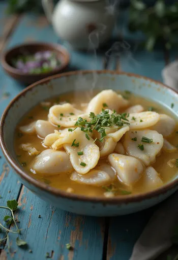 Sujebi de pescado, pasta y filete de pescado en caldo rico
