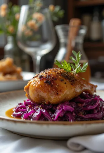 Muslo de pato servido con col lombarda estofada