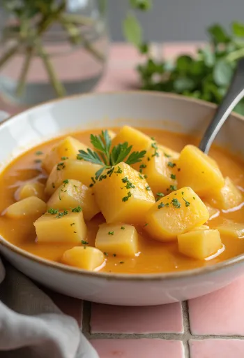 Clásico estofado de patatas con nata y decorado con perejil fresco.