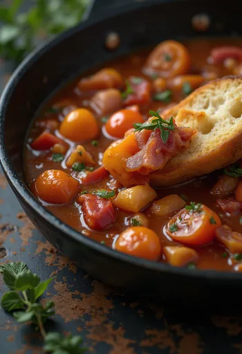 Lecsó servido con pimiento fresco, tomate y salchicha ahumada