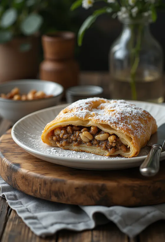 Strudel de amapola y nueces servido