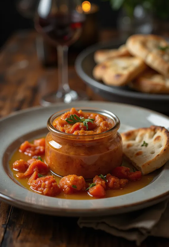 Matbucha con pimientos asados, servida con cilantro fresco, plato delicioso en un plato blanco