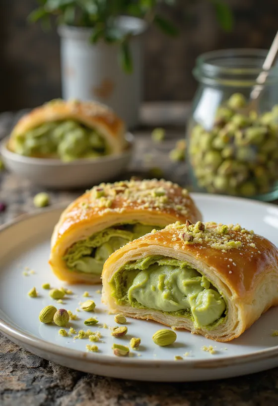 Strudel de pistacho servido