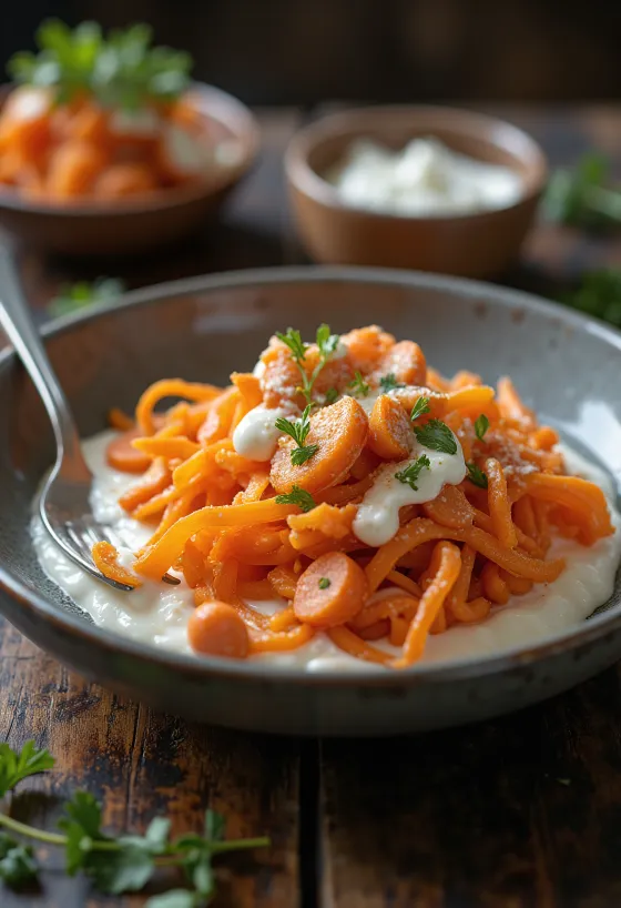 Ensalada de zanahoria prebiótica servida con yogur, zanahoria rallada y perejil fresco