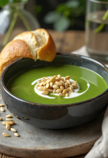 Crema de brócoli vegana servida con pipas de girasol tostadas