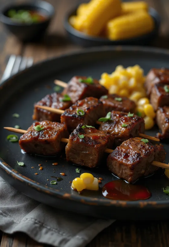 Anticuchos, brochetas de ternera peruanas servidas
