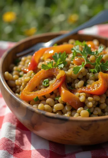 Ensalada de lentejas a la mostaza y barbacoa servida