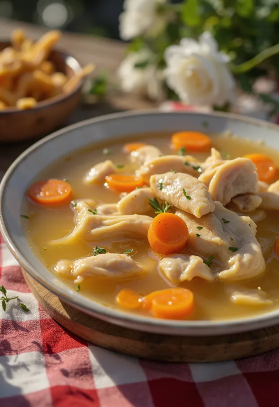 Sopa de pollo caliente con verduras y fideos finos