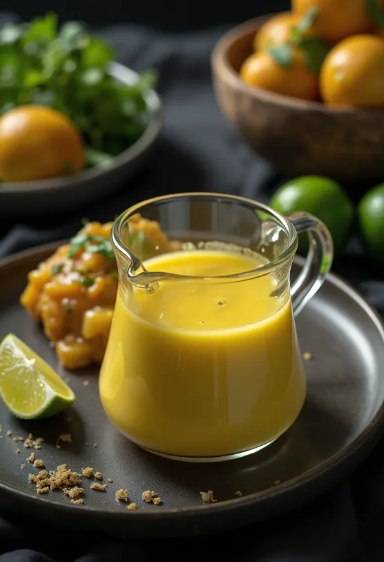 Salsa cremosa de curry, miel y lima servida