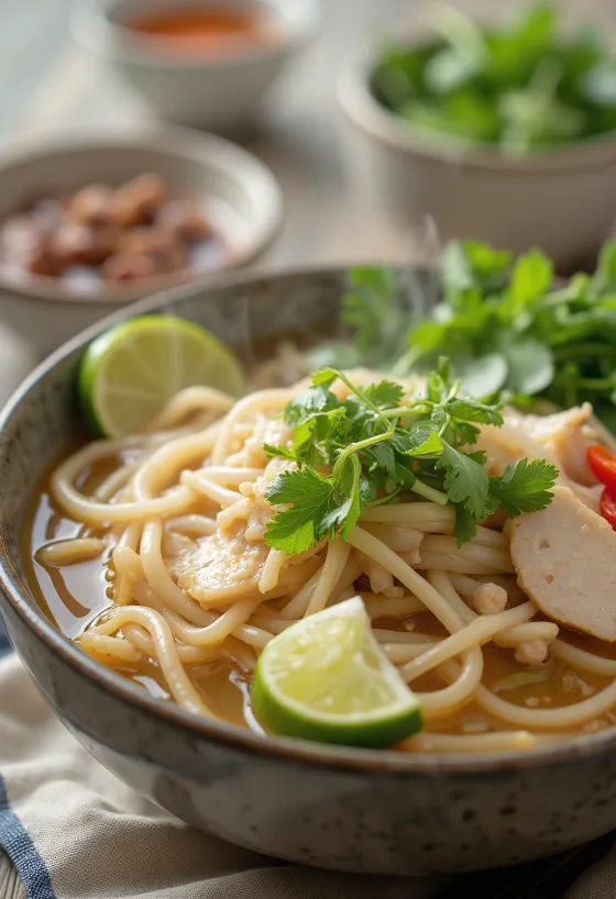 Pho con pollo servido en bol con fideos de arroz, cilantro fresco y rodajas de lima