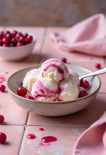 Helado de requesón con grosellas servido