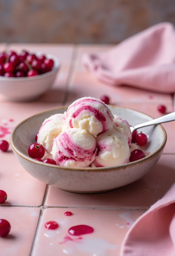 Helado de requesón con grosellas servido